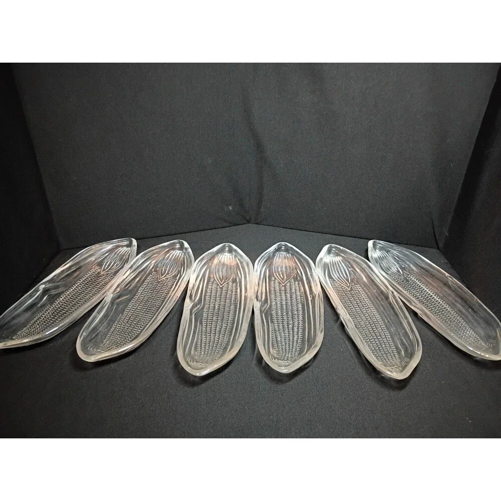 Vintage Clear Pressed Glass Corn on Cob Dishes Set of 6 Footed Butter Trays